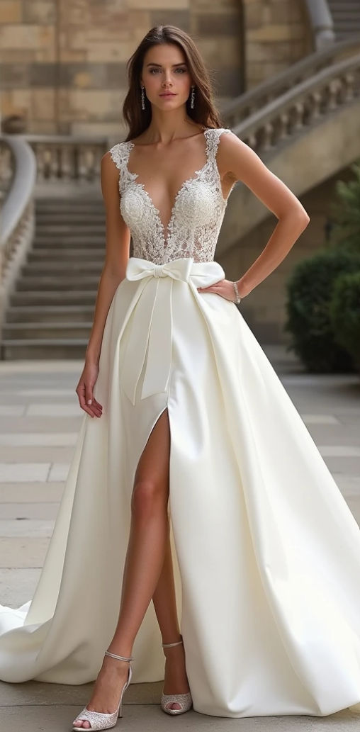 Exquisite open-back wedding gown with intricate lace detailing, flowing satin fabric, and a delicate bow accent – an ethereal bridal silhouette. | فستان زفاف راقٍ بظهر مكشوف وتفاصيل دانتيل فاخرة | Vestido de novia con espalda descubierta y encaje detallado | Robe de mariée à dos nu avec dentelle raffinée.