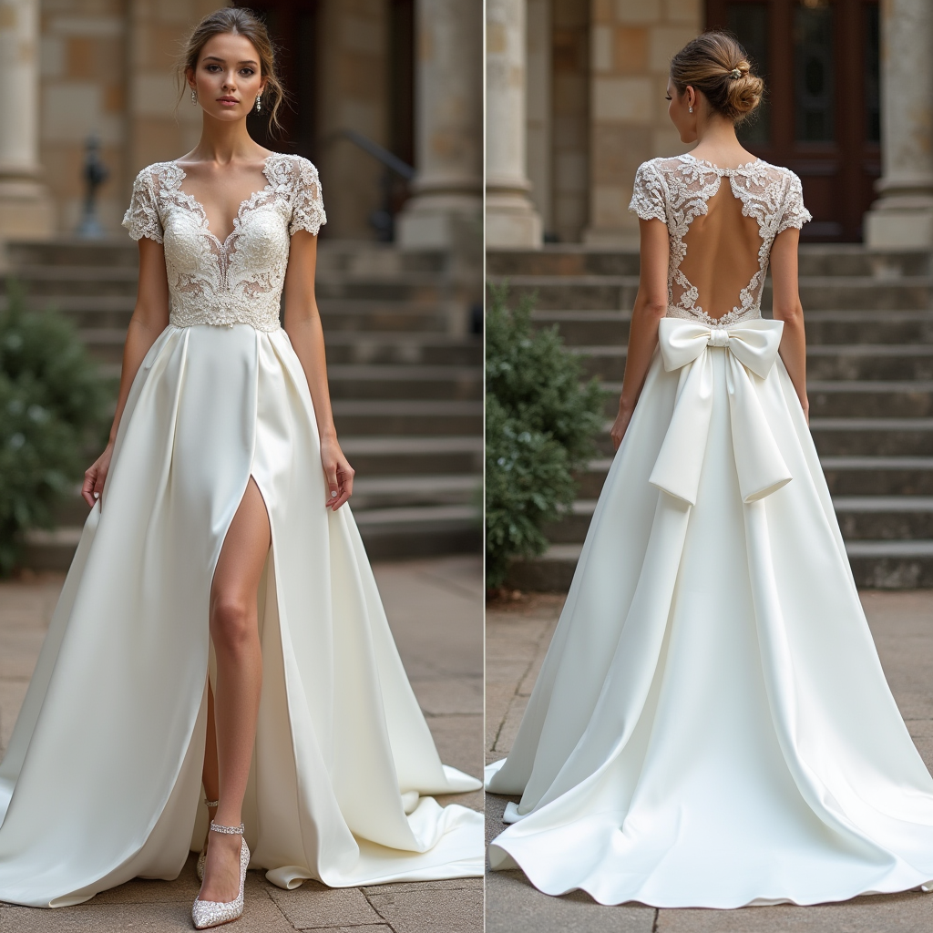 Dreamy A-line wedding dress featuring a lace bodice, satin skirt, high slit, and open-back bow detail – a regal and graceful bridal gown
