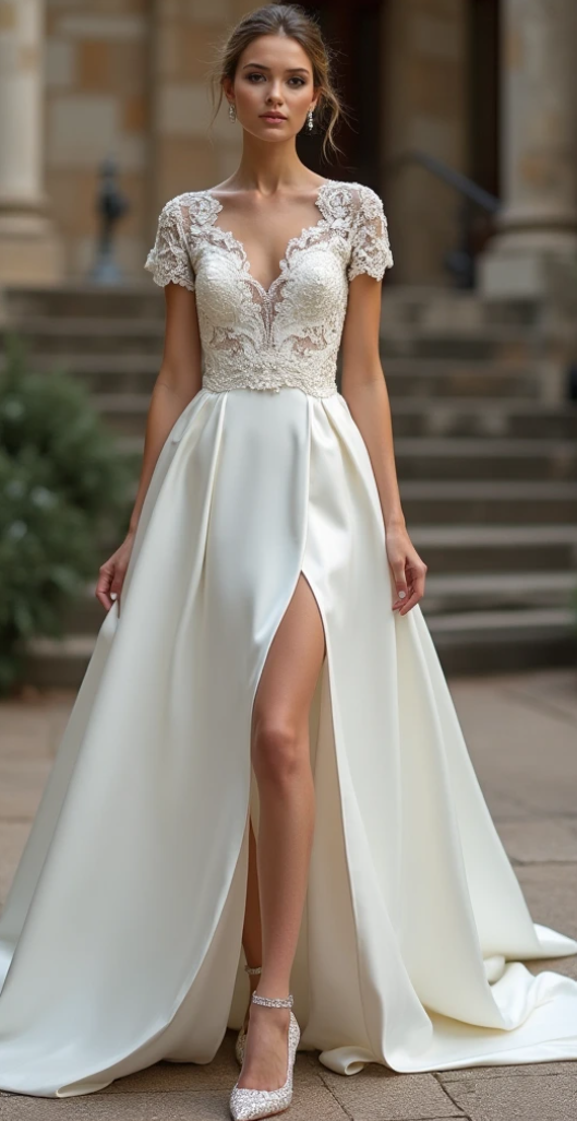 Elegant lace and satin A-line wedding dress with illusion neckline, cap sleeves, and high slit – a perfect blend of modern and timeless bridal style