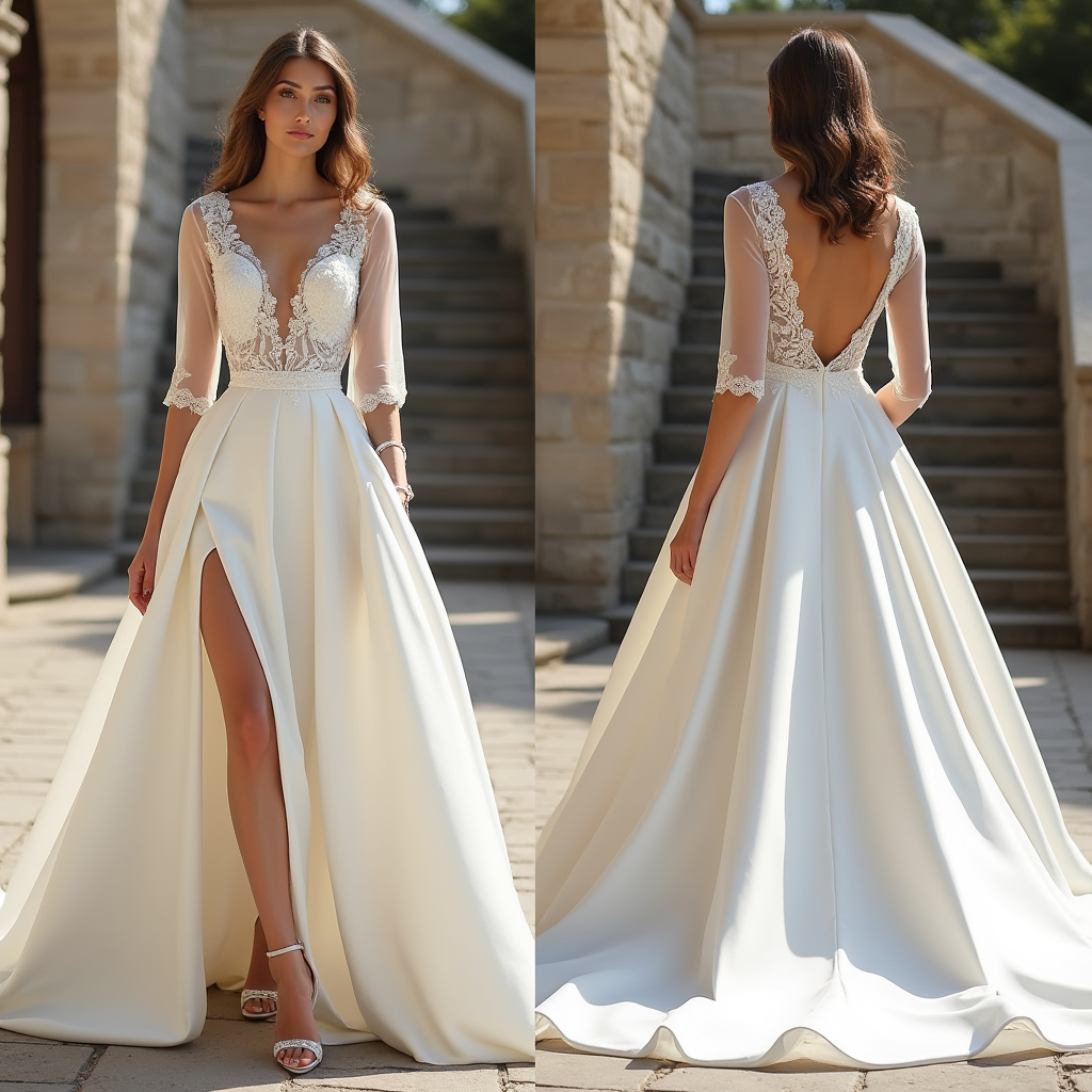 Luxurious lace and satin A-line bridal gown featuring an airy, flowing skirt, high slit, and intricate embroidery details. | فستان زفاف ملكي من الساتان والدانتيل بتصميم عصري أنيق مع فتحة أمامية | Vestido de novia sofisticado con falda de satén, encaje floral y abertura frontal | Robe de mariée élégante en satin et dentelle avec une coupe fluide et fente avant