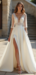 Elegant A-line wedding dress featuring a lace bodice, sheer three-quarter sleeves, deep V-neckline, satin skirt, and high slit – the perfect blend of romance and modernity. | فستان زفاف أنيق بقصة A-Line مع كورسيه دانتيل وأكمام شفافة وتنورة ساتان مفتوحة | Vestido de novia de línea A con encaje, mangas transparentes y abertura elegante | Robe de mariée fluide en satin avec dentelle, manches en tulle et fente élégante