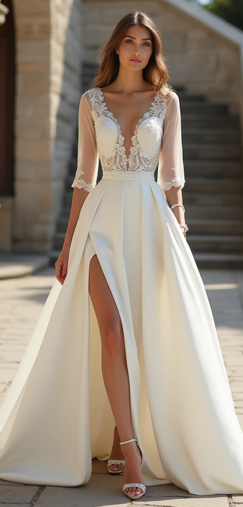 Elegant A-line wedding dress featuring a lace bodice, sheer three-quarter sleeves, deep V-neckline, satin skirt, and high slit – the perfect blend of romance and modernity. | فستان زفاف أنيق بقصة A-Line مع كورسيه دانتيل وأكمام شفافة وتنورة ساتان مفتوحة | Vestido de novia de línea A con encaje, mangas transparentes y abertura elegante | Robe de mariée fluide en satin avec dentelle, manches en tulle et fente élégante