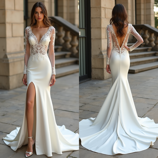 Exquisite lace and satin wedding dress featuring a fitted mermaid silhouette, high slit, and illusion long sleeves.
| فستان زفاف فخم بتصميم أنثوي أنيق وفتحة أمامية جريئة | Vestido de novia ajustado con abertura lateral y encaje detallado | Robe de mariée en satin avec silhouette ajustée et dentelle raffinée.


