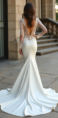 Stunning open-back mermaid wedding gown with sheer lace detailing and a flowing satin train – the perfect blend of romance and sophistication.
| فستان زفاف راقٍ بظهر مفتوح وتفاصيل دانتيل أنيقة | Vestido de novia espalda abierta con encaje y cola fluida | Robe de mariée à dos nu avec dentelle délicate et traîne fluide.
