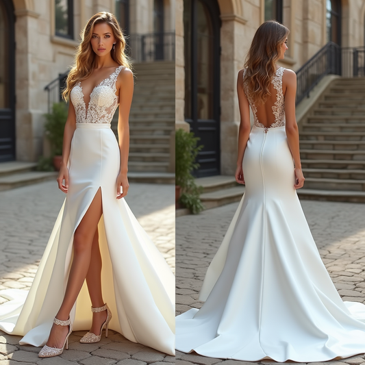  Exquisite lace and satin wedding dress with a form-fitting mermaid design, high slit, and intricate lace detailing – a stunning choice for a contemporary bride