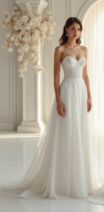 Romantic A-line wedding dress with lace bodice, sweetheart neckline, and low back with pearl details