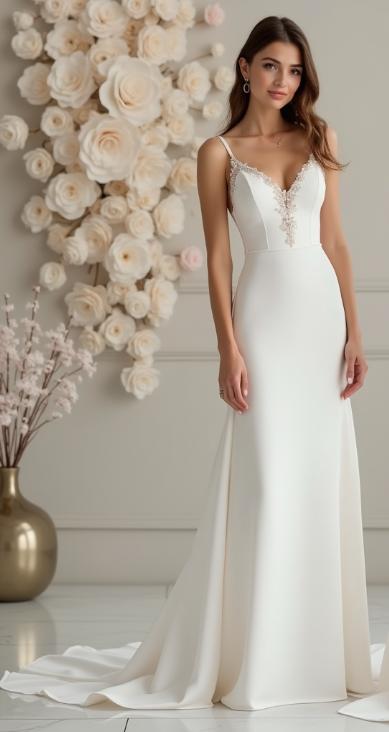 Romantic lace and satin A-line wedding dress with sweetheart neckline, open back, and elegant button details.