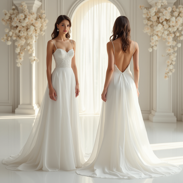 Romantic A-line wedding dress with lace bodice, sweetheart neckline, and low back with pearl details