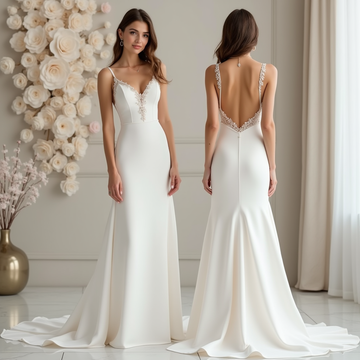 Romantic lace and satin A-line wedding dress with sweetheart neckline, open back, and elegant button details.