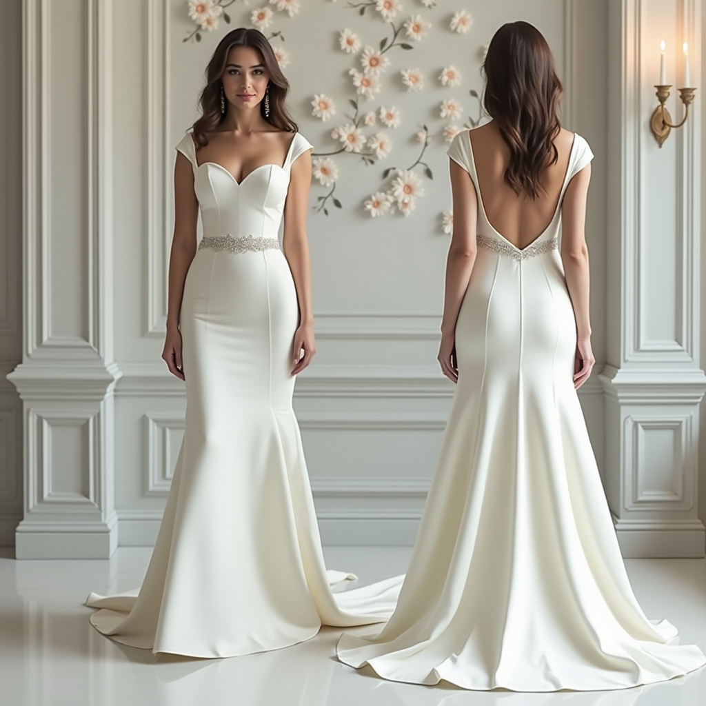 Modern satin mermaid wedding dress with off-shoulder sleeves, deep V-back, and beaded waist detail