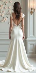 Modern satin mermaid wedding dress with off-shoulder sleeves, deep V-back, and beaded waist detail