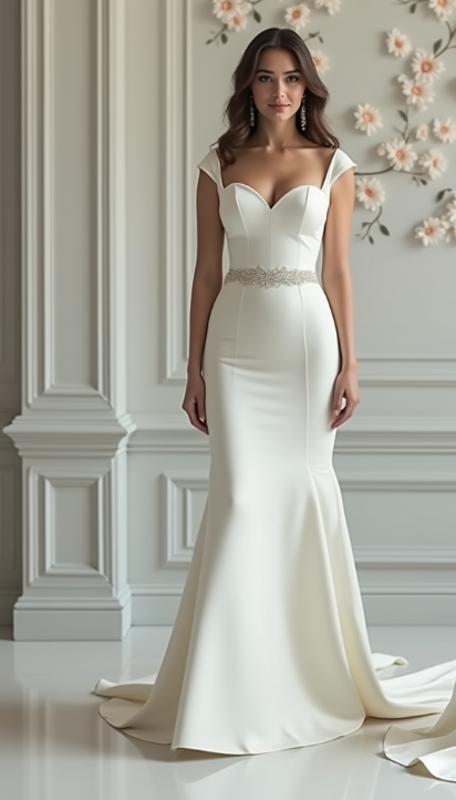 Modern satin mermaid wedding dress with off-shoulder sleeves, deep V-back, and beaded waist detail