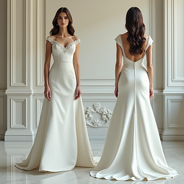 Elegant off-shoulder satin wedding gown with beaded neckline, A-line silhouette, and deep V-back