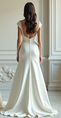 Elegant off-shoulder satin wedding gown with beaded neckline, A-line silhouette, and deep V-back