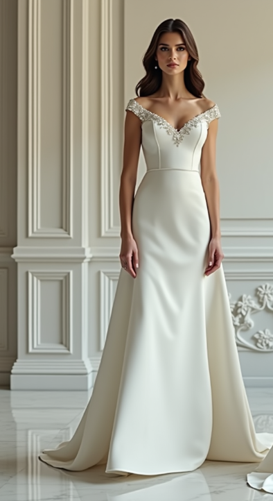 Elegant off-shoulder satin wedding gown with beaded neckline, A-line silhouette, and deep V-back