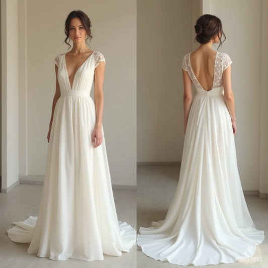  Elegant A-line wedding dress with deep V-neck, lace cap sleeves, and open back for a timeless bridal look.