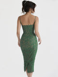 Green lace midi spaghetti strap elegant sexy wedding guest evening birthday party dress side view