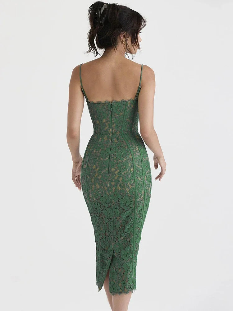 Green lace midi spaghetti strap elegant sexy wedding guest evening birthday party dress side view