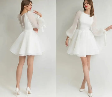 Elegant and sexy short wedding dress o collar puffy sleeves a line knee-length with bow gown new chic bridal party dress