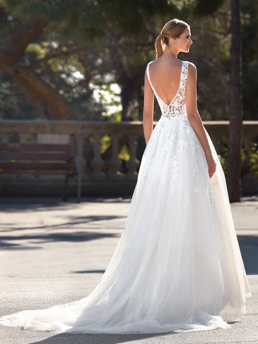 Vintage Vestidos De Novia Customized Sleeveless V Neck Applique Sweep Train Backless Wedding Dresses Appliques Vestido De Noiva