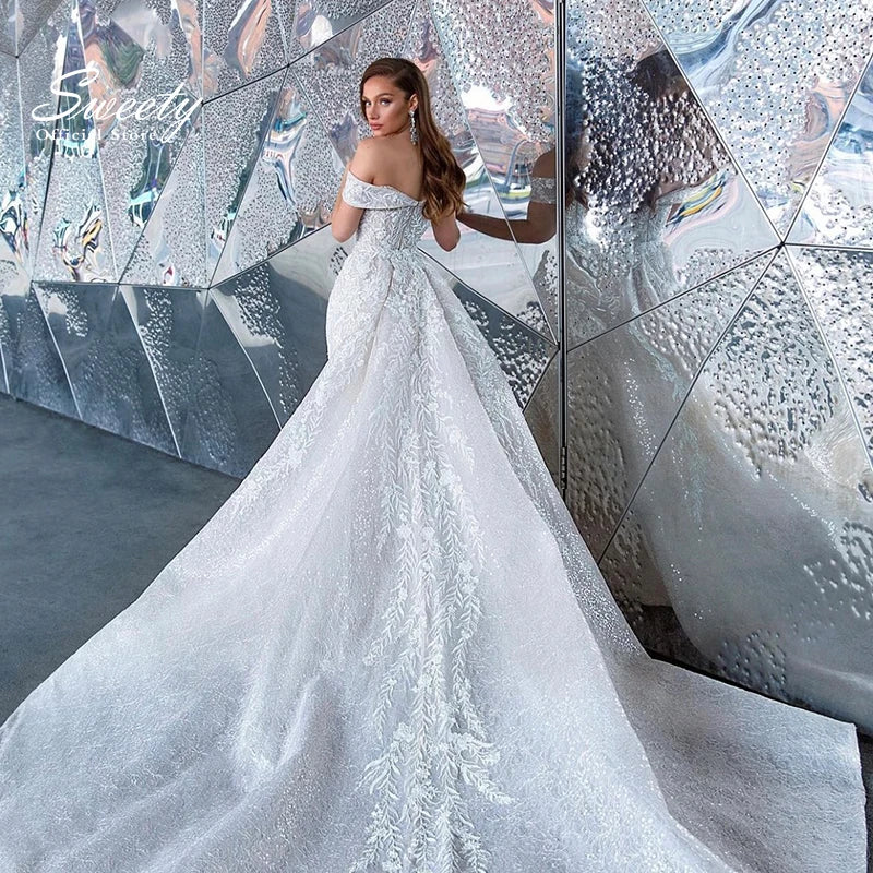 Luxury Mermaid Detachable Train Wedding Dress With Beading Lace Boatneck Sleeveless Ball Gown Customized Zipper Vestido De Novia