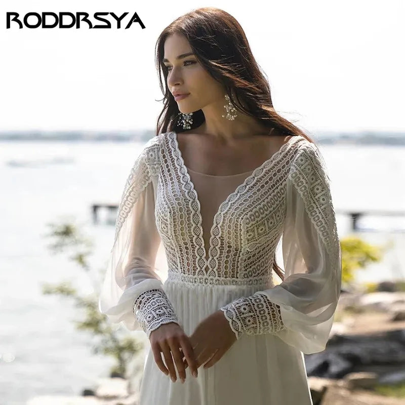 RODDRSYA Boho A-line Wedding Dresses For Women Chiffon Puffy Sleeve vestido de novia Elegant Lace Bridal Dress Custom Made