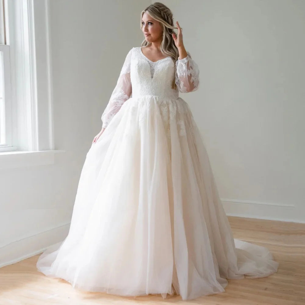 Plus Size Vestidos De Novia V Neck Long Sleeve Lace Wedding Dresses Customized Appliques Vestido De Noiva