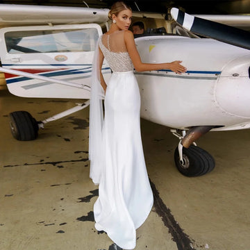 Elegant A-Line Wedding Dresses 2022 Sleeveless Lace Sequins Beads Chiffon O-Neck Sweep Train Button Back Bridal Gown With Cape