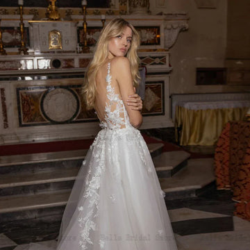 Elegant White Wedding Dresses Deep V Neck Bridal Growns Backless Applique High Slit Floor Length A-line Vestidos De Novia
