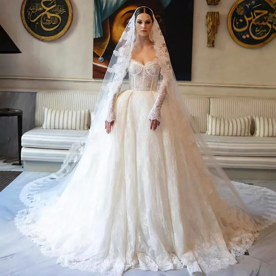 Ball gown wedding dress off-the-shoulder lace long sleeves bridal gown princess
