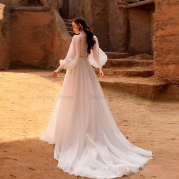 Elegant High Neck Wedding Dresses Long Sleeves Modest Lace Bridal Gowns Appliques Sequined A-Line Sweep Train свадебное платье