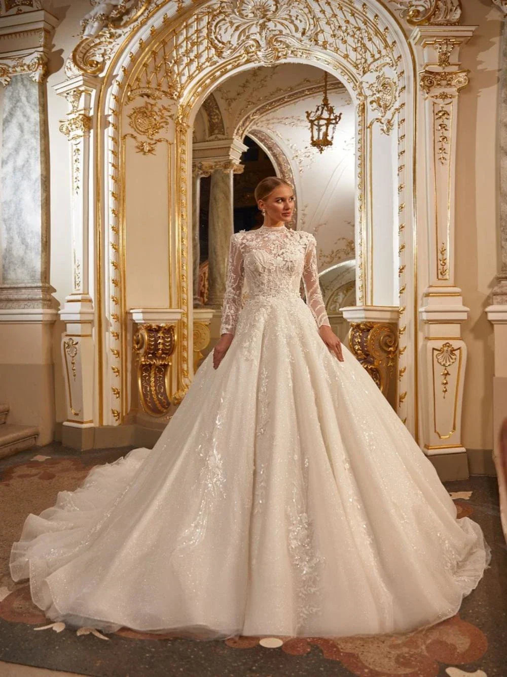 Modest high collar long sleeve sparkly sequins beads luxury A-line bridal gown front view
