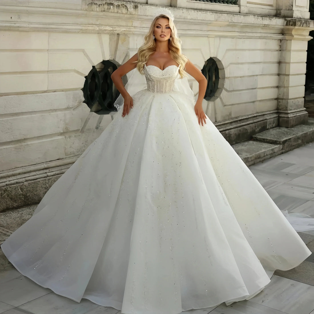 Sparkly sequins pearls wedding dress 2026 sweetheart beads puffy Arabic Dubai bridal gown