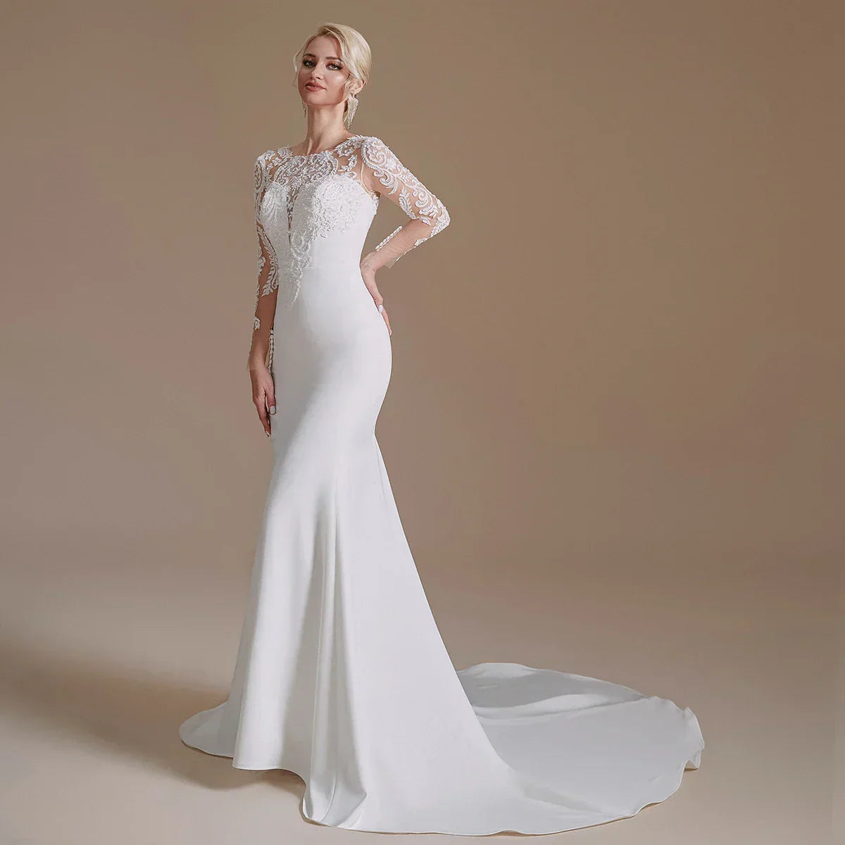 Long sleeve O-neck lace mermaid autumn elegant button back wedding dress side view
