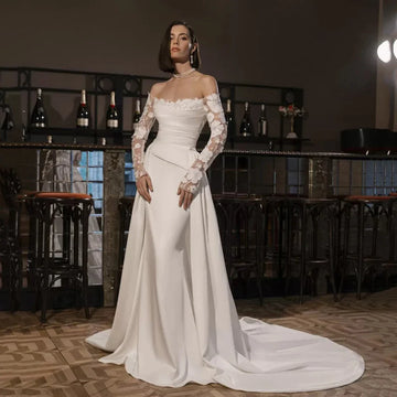 Mermaid Wedding Dresses Off Shoulder Lace Long Sleeves Bridal Gowns With Detachable Train Satin Lace Brides Dresses Customized