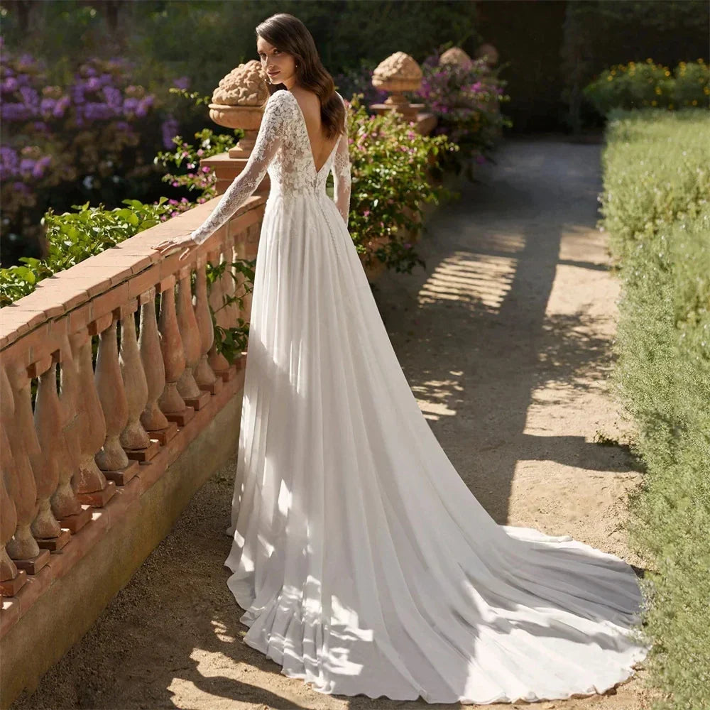 New boho wedding dress scoop lace appliques long sleeves backless chiffon beach bridal party gown