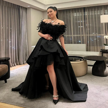 Long Evening Dress For Sexy Women فساتين السهرة Luxury Feathers A-Line High Split Formal Black Cocktail Party Prom Gown