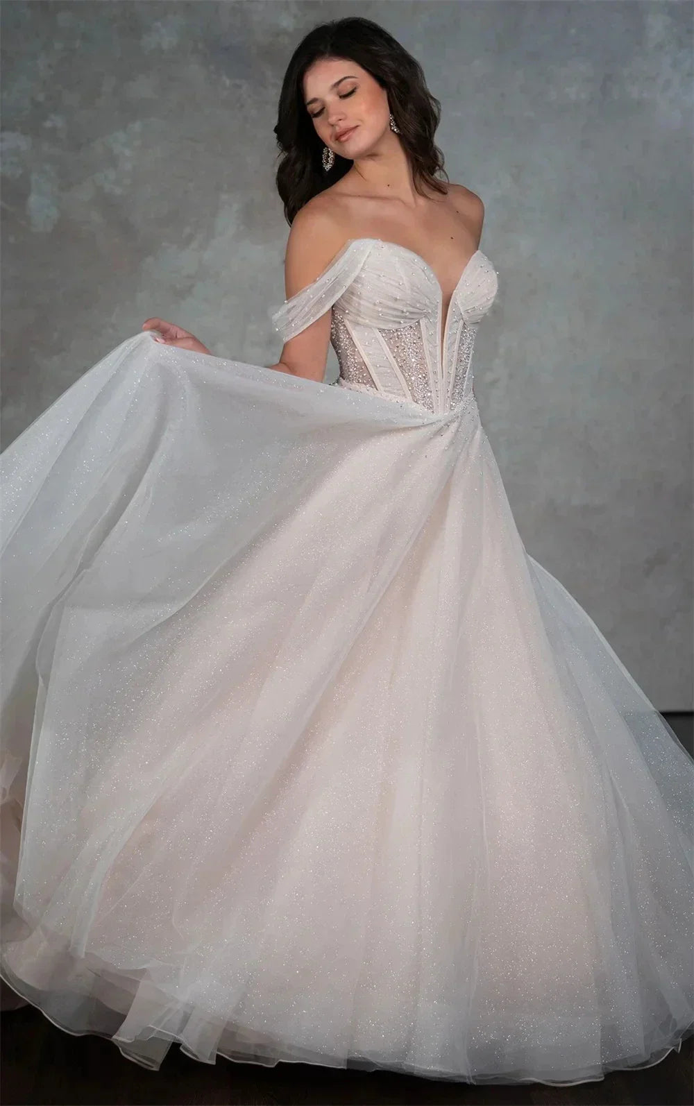 Elegant A-line sequins wedding dress 2026 off-the-shoulder beading pleats tulle bridal gown