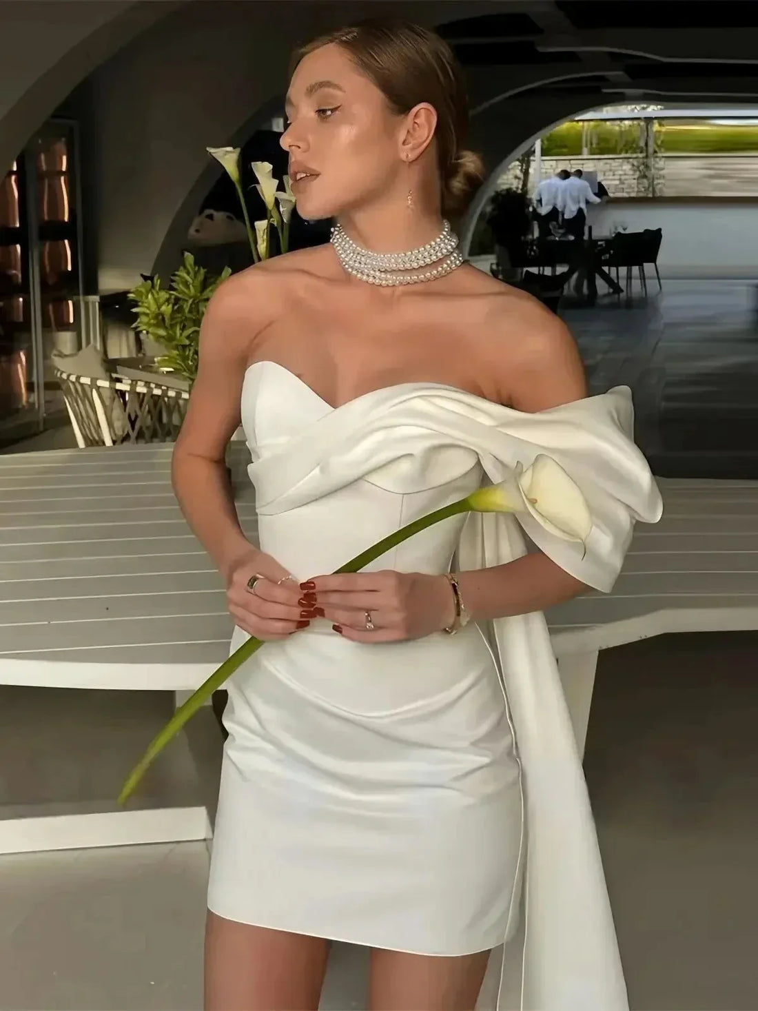 Elegant satin short wedding dress one shoulder sheath mini strapless bridal party gown modern