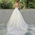 Romantic lace applique fluffy princess elegant white off-shoulder sleeveless custom wedding dress back view