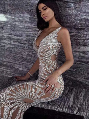 Women Luxury Sexy V Neck Mesh Sequins Studded Maxi Long Lady Dress Designer Fashion Elegant Evening Party Dress Vestidos