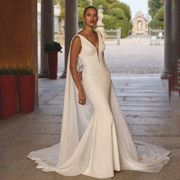 Sexy Deep V Neck Wedding Dresses For Women Customized Lace Apliques Bride Dress Cape Backless Mermaid Bridal Gown