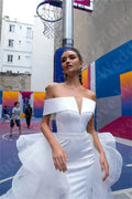 Tiered sweep train mermaid off-shoulder satin formal evening dress elegant