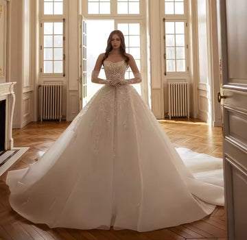 Customzied Strapless Sleeveless Beaded Elegant Wedding Dress Vestidos de novia Removable Long Sleeves amanda novias official