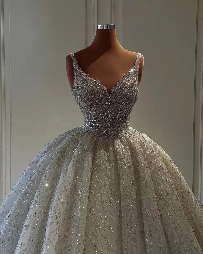 Customized Gorgeous Sequineds Appliques Sparkly Crystals V-Neck Wedding Dress Formal Bridal Gowns Robe De Mariée