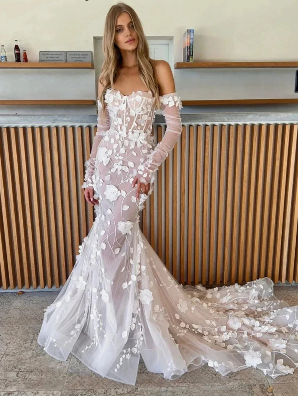 Long sleeve off-shoulder boho 3D lace elegant mermaid bridal gown front view