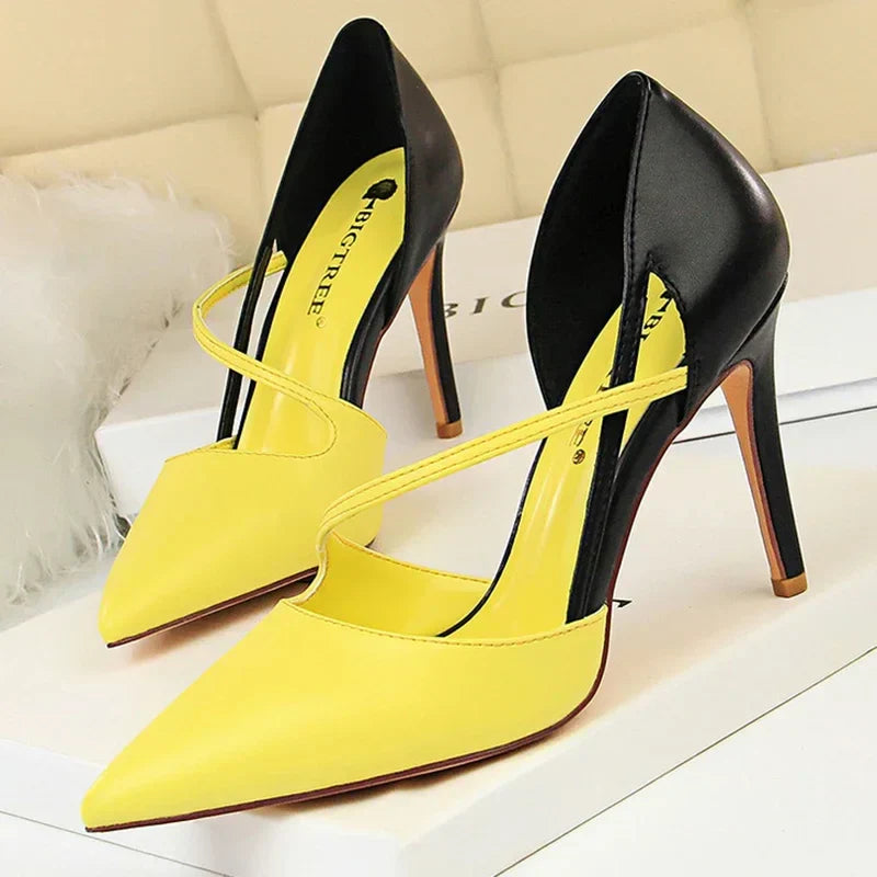 Women Summer 9.5cm High Heels Patchwork Sandals Sexy Yellow Peach Fetish Strap Stripper Pumps Scarpins Valentine Hollow Shoes