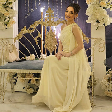 Customized Evening Dress Women One Shoulder Chiffon A-Line Bridesmaid Dress Cape Pleats Party Dress Long Formal Prom Dress