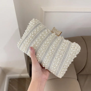 Vintage Pearl Women Handbag Diamond Evening Bag Luxury Wedding Bridal Ladies Clutch Chain White Shoulder Dress Dinner Bag