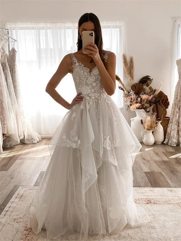 Flavinke Customized Sleeveless V-neck Appliques Lace Wedding Dresses For Bride Woman Ruffles Tulle Bridal vestidos de novia